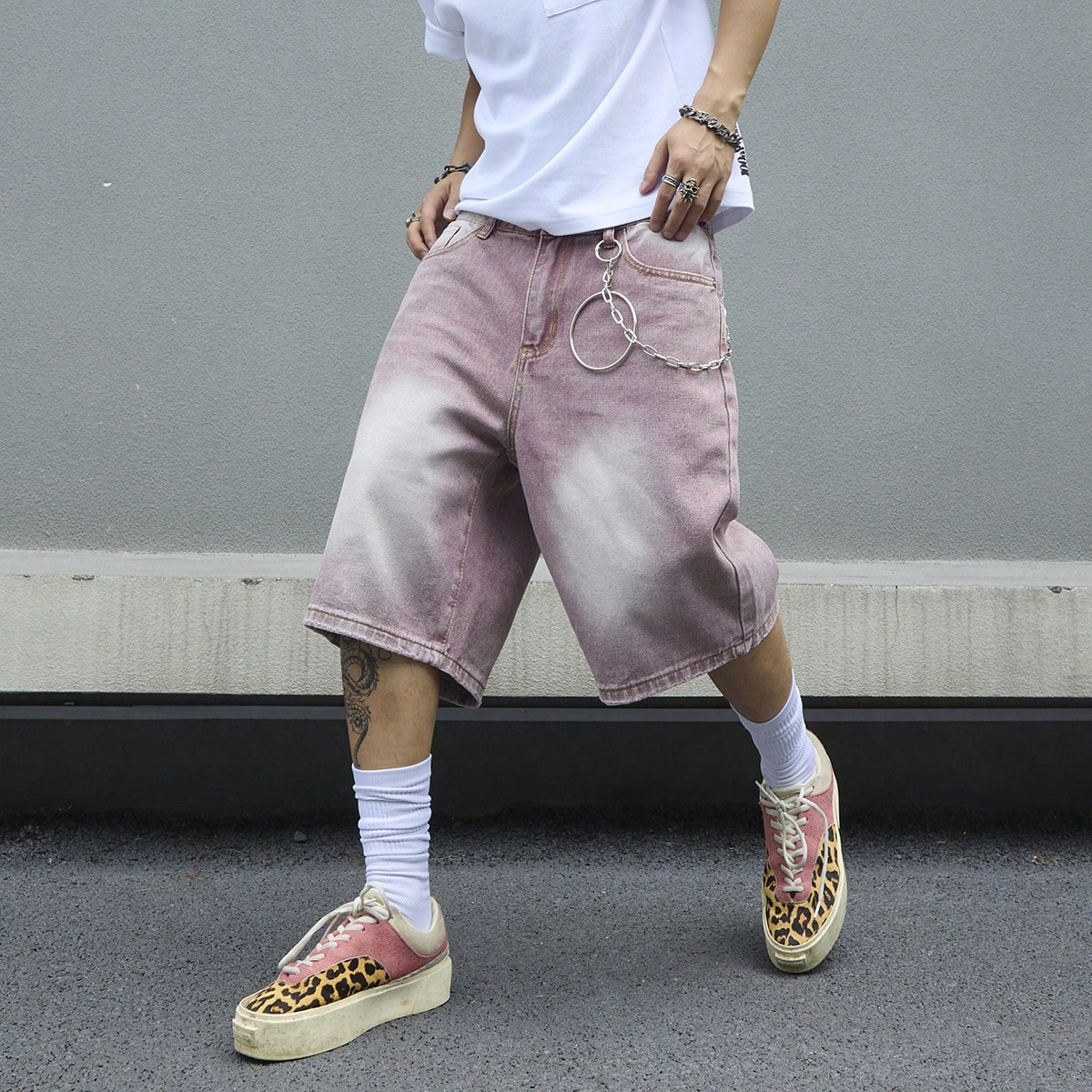 Street Fashion Baggy - Shorts Jeans Masculino Rosa Degradê Vintage